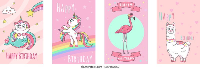 tarjeta de feliz cumpleaños con adorable unicornio, gato de sirvienta, flamingo, icono de lama , diseño colorido de las obras de arte kawaii. impresión vectorial para   flayer, insignia, póster, postal, parches, elemento scrapbooking