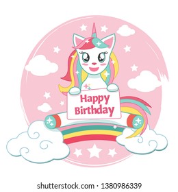 happy birthday card with cute unicorn icon  