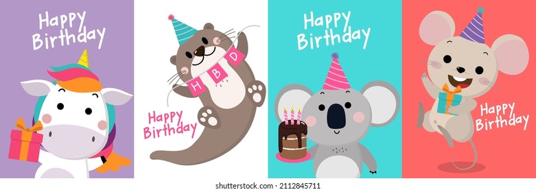 Happy birthday card with cute unicorn, otter,koala and mouse. Animal cartoon character in party. -Vector