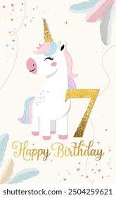 Tarjeta de feliz cumpleaños con lindo unicornio y número siete. Suave unicornio Plantilla de cumpleaños, tarjeta de felicitación, invitación