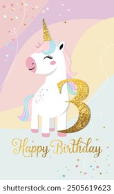Happy birthday card with cute unicorn and number three. Gentle unicorn Birthday template, greeting card, invitation