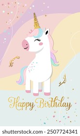 Happy birthday card with cute unicorn and golden lettering. Gentle unicorn Birthday template, card, invitation