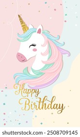 Tarjeta de feliz cumpleaños con lindo unicornio. Suave unicornio Plantilla de cumpleaños, tarjeta de felicitación, invitación