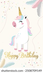 Happy birthday card with cute unicorn, golden lettering. Gentle unicorn Birthday template, greeting card, invitation