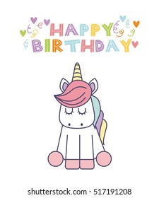 happy birthday card with cute unicorn icon over white background. colorful design. vector illustration