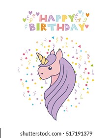 happy birthday card with cute unicorn icon over white background. colorful design. vector illustration