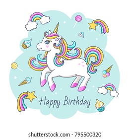 Happy birthday card with cute unicorn. Vector illustration