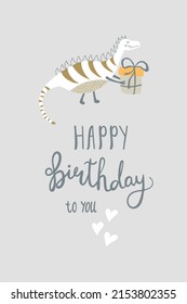 Feliz cumpleaños. Ilustración vectorial con dinosaurio, regalo y letras. Una idea retro divertida para felicitaciones.
