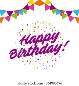 happy birthday card with decorative pennants icon over white background. colorful design. vector illustration
