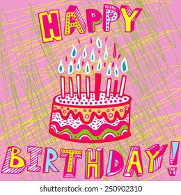 Happy Birthday card. Decorative vector hand drawn alphabet. Isolated. Elements for design. Pink background.