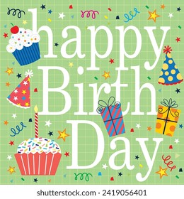 Happy birthday card deign with lettering, cakes, gifts and hats