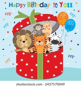 Happy birthday card design with animals in the gift box