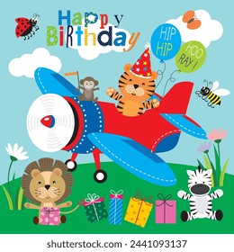 Happy birthday card design with animals and air plane