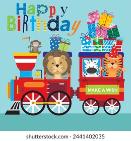 Happy birthday card design with animals and gifts on the train