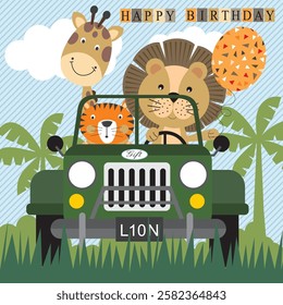Happy birthday card design with animals on the car