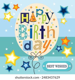 Happy birthday card design with balloon, text and stars