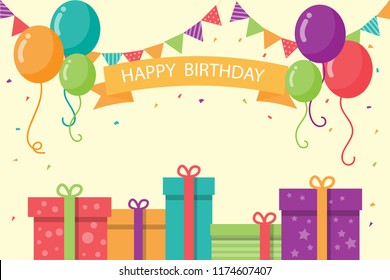 
Happy Birthday card design with balloons and colored gifts. Invitation template design. Vector illustration flat design.