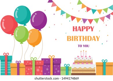 Happy Birthday card design with balloons and colored gifts. Birthday cake on a white background. Invitation template design. Vector illustration in flat design.