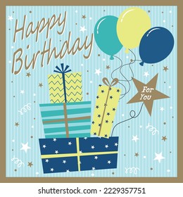 Happy birthday card design with balloons and presents