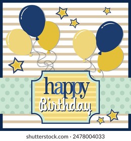 Happy birthday card design with balloons and stars