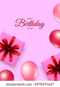 Happy birthday card design with balloons and gift box. Birthday greeting template for party invitation and celebration concept. Vector illustration