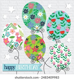 Happy birthday card design with balloons and flowers