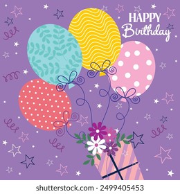 Alles Gute zum Geburtstag Kartendesign mit Ballons, Blume und Geschenk