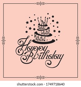 happy birthday card design with cake isolated on pink background