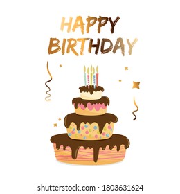 Happy birthday card design with cake, candles and gold text. Vector illustration