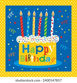 Happy birthday card design with cake and colorful candles