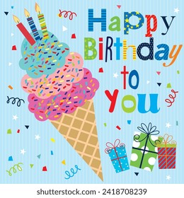 Happy birthday card design with cake, candles, gifts and colorful text