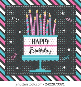 Happy birthday card design with cake and candles