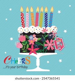 Happy birthday card design with cake, candle and flowers