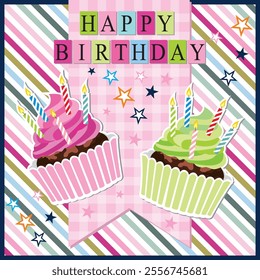 Happy birthday card design with cake and candles