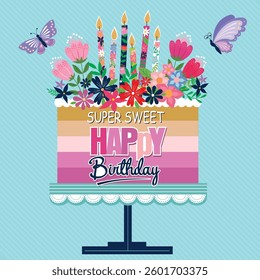 Happy birthday card design with cake, candle and flowers