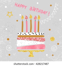 Happy Birthday card design. Birthday cake with candles. Vector illustration. 