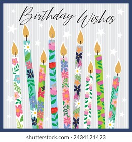 Happy birthday card design with candles and flowers