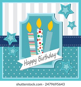 Happy birthday card design with candles and stars