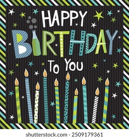 Happy birthday card design with candles and lettering