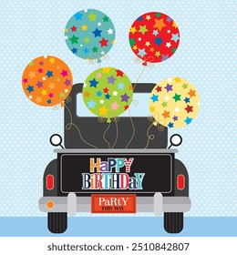 Happy birthday card design with car and balloons