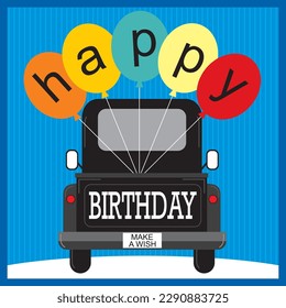 Happy birthday card design with colorful balloons on the car