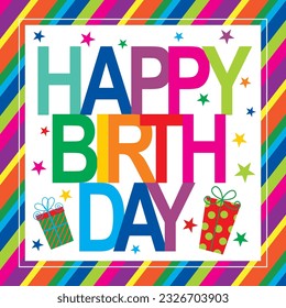 Happy birthday card design with colorful text and gifts