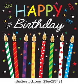 Happy birthday card design with colorful text and candles