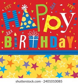 Happy birthday card design with colorful lettering and stars