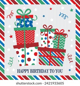 Happy birthday card design with colorful gifts