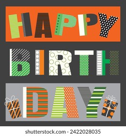 Happy birthday card design with colorful lettering ad gifts