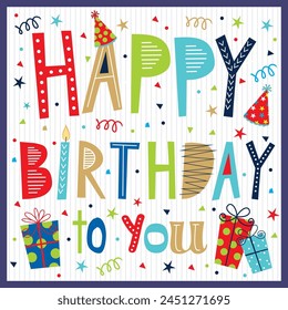 Happy birthday card design with colorful text and gifts