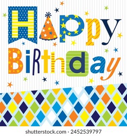 Happy birthday card design with colorful text and stars