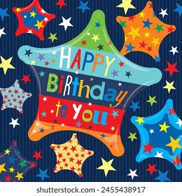 Happy birthday card design with colorful text and stars