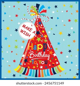 diseño de tarjeta de feliz cumpleaños con colorido sombrero de fiesta y estrellas